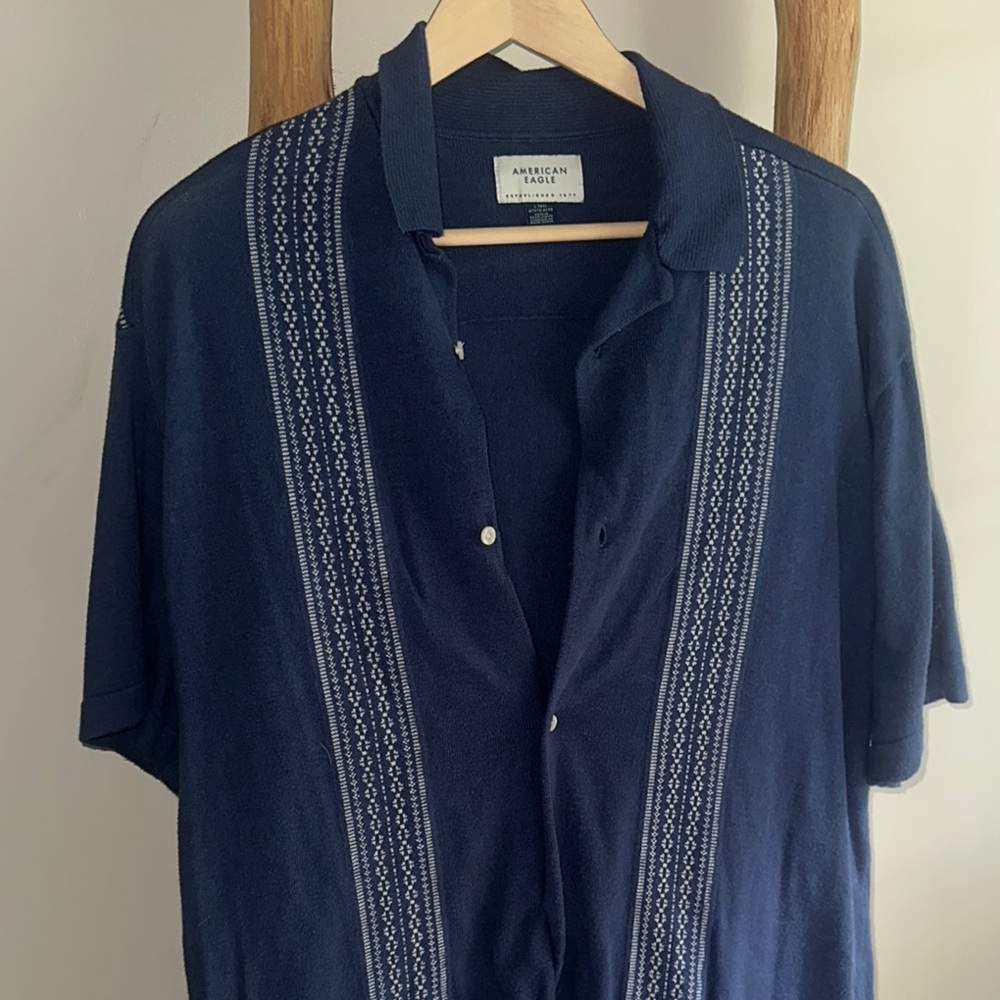 American Eagle Blue White Knit Camp Shirt